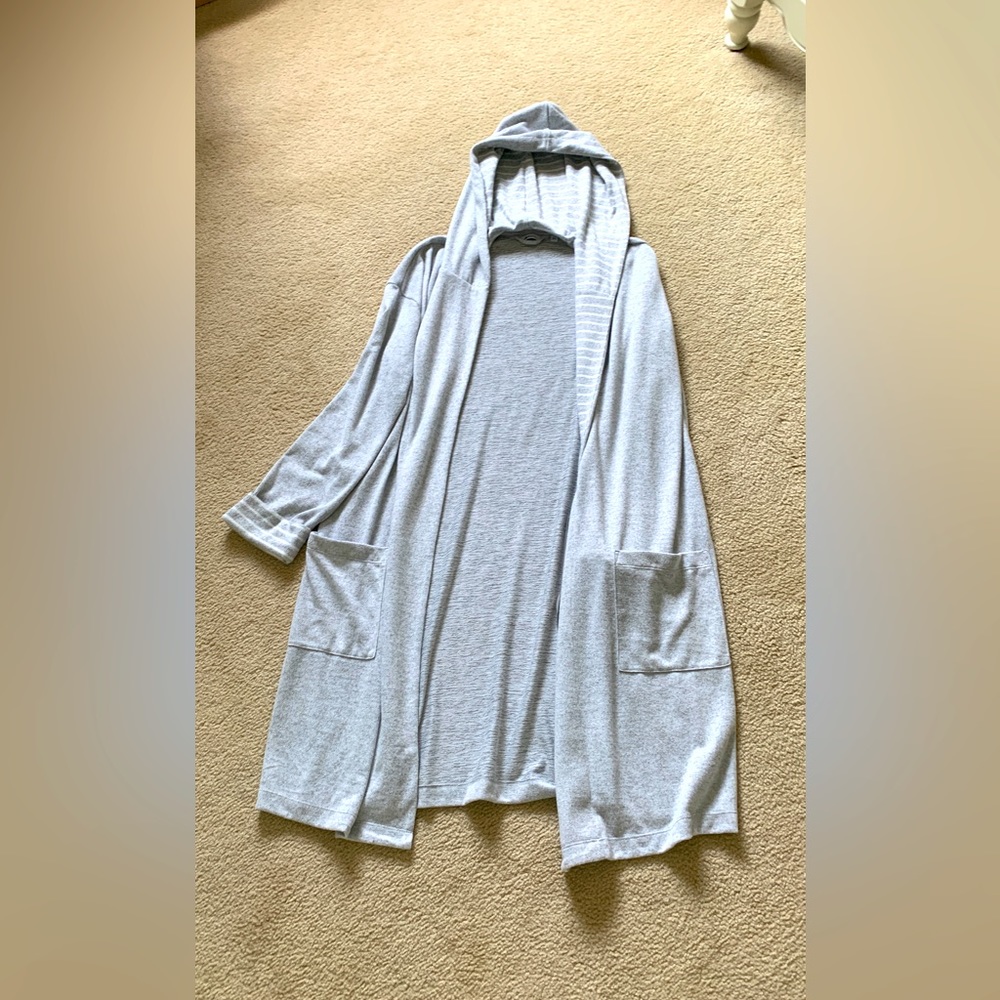 gray and white striped robe